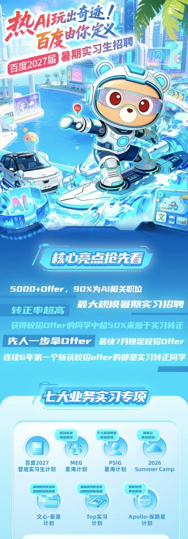 历史最大规模！百度暑期实习扩招，AI岗位成主流