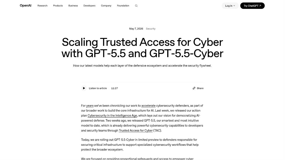 GPT-5.5-Cyber - OpenAI推出的网络安全专用大模型