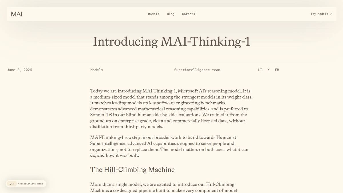 MAI-Thinking-1 – 微软发布的首款完全自研的高级推理AI模型