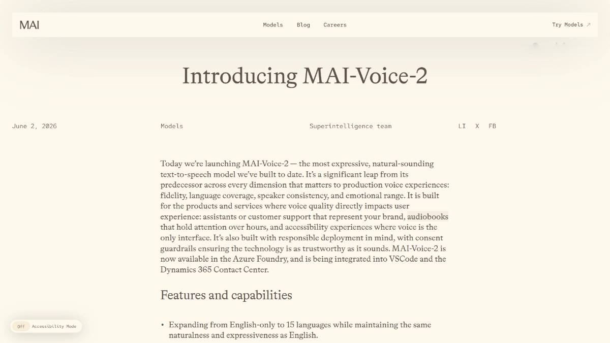 MAI-Voice-2 – 微软发布的新一代自研多语言语音合成模型