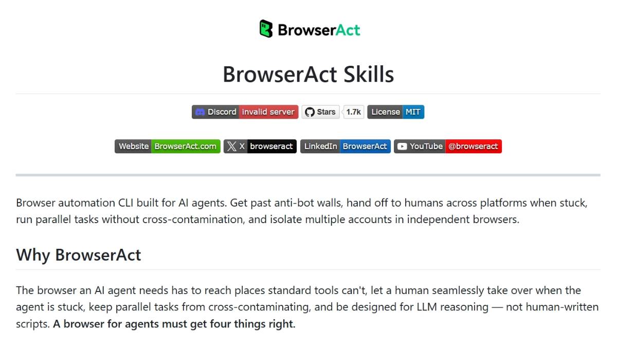 BrowserAct Skills – 专为AI智能体设计的浏览器自动化工具集