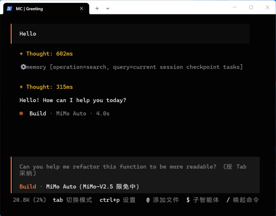 装上了小米的MiMo Code，忽然发现还挺有新意