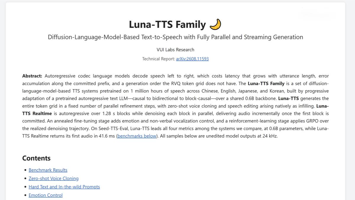 Luna-TTS - VuiLabs AI 推出的扩散语言模型文本转语音系统家族