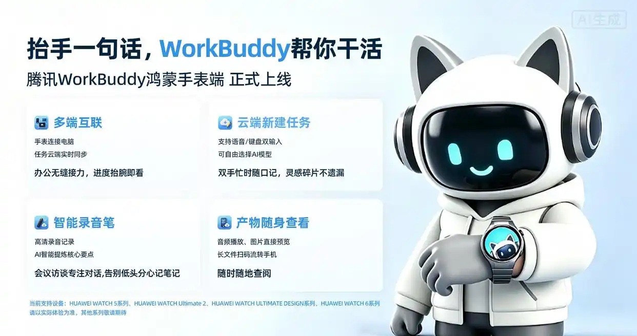 WorkBuddy登陆鸿蒙手表，腕上AI助手正式可用