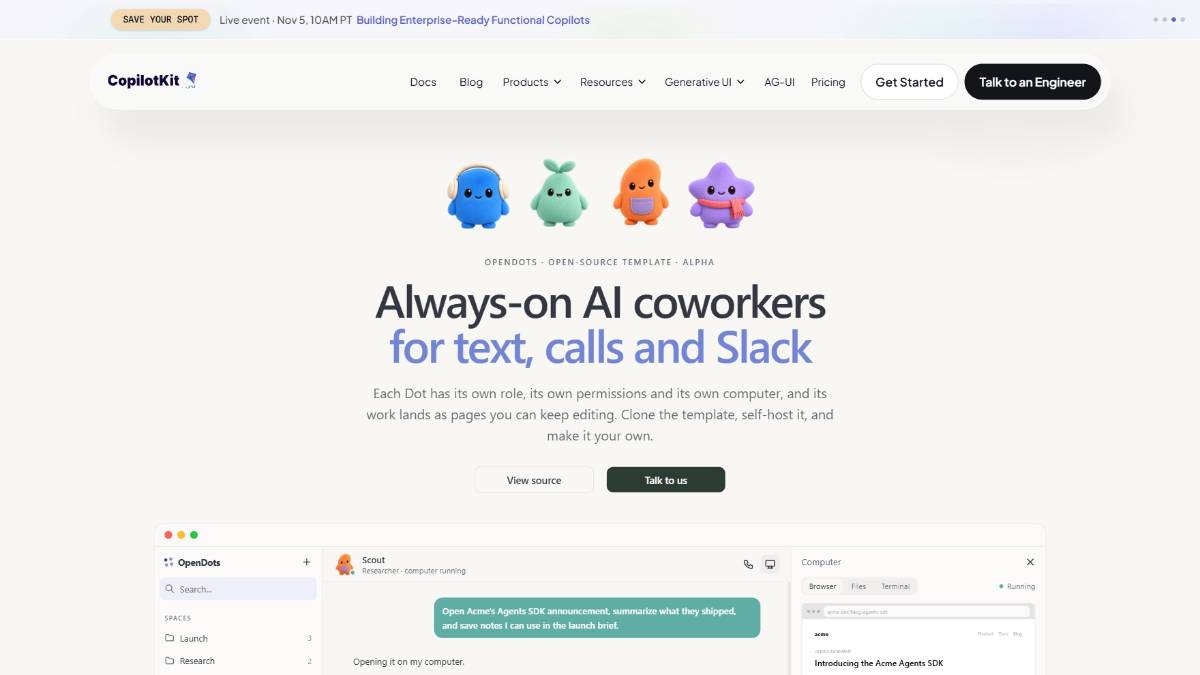 OpenDots – CopilotKit开源常驻多智能体模板